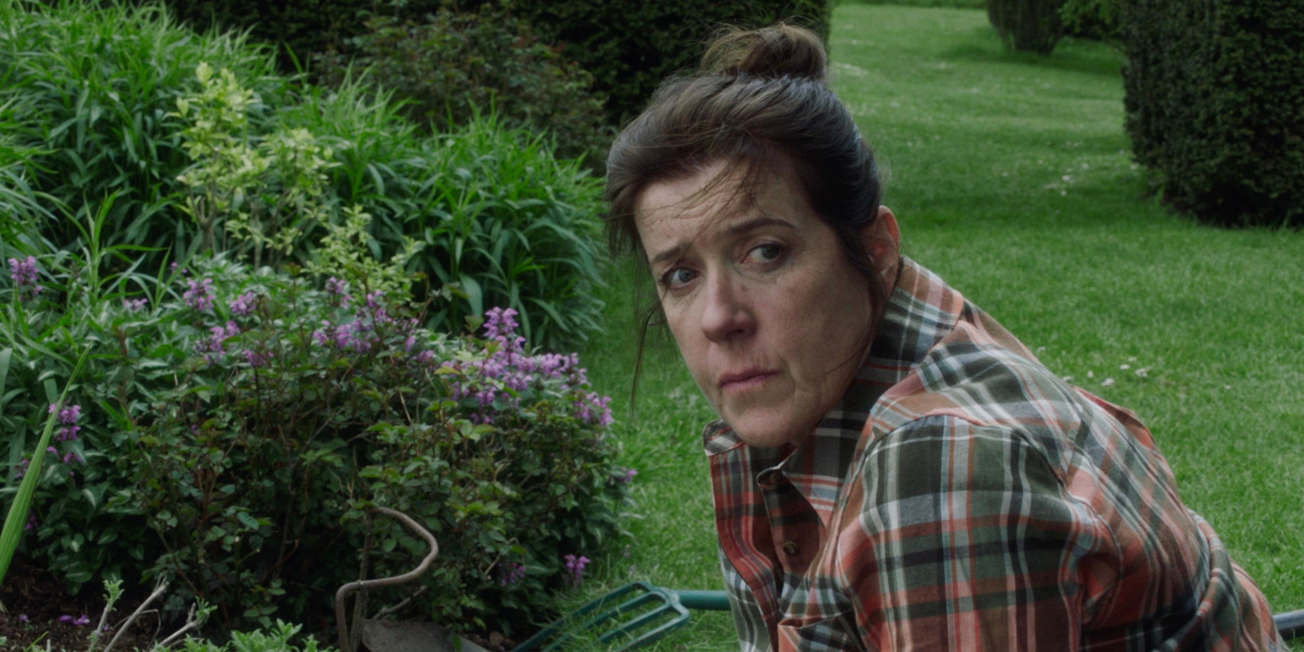 A woman in a plaid shirt kneels in a garden beside flowering shrubs and glances back over her shoulder.